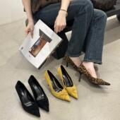 尖头浅口单鞋 女细跟豹纹蝴蝶结通勤高跟鞋 不累脚小皮鞋 法式 气质鞋