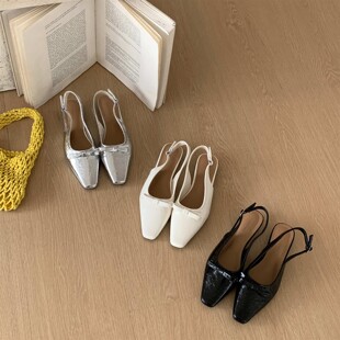 半拖鞋 坡跟真皮后空单鞋 女2026春夏新款 温柔风方头蝴蝶结包头凉鞋