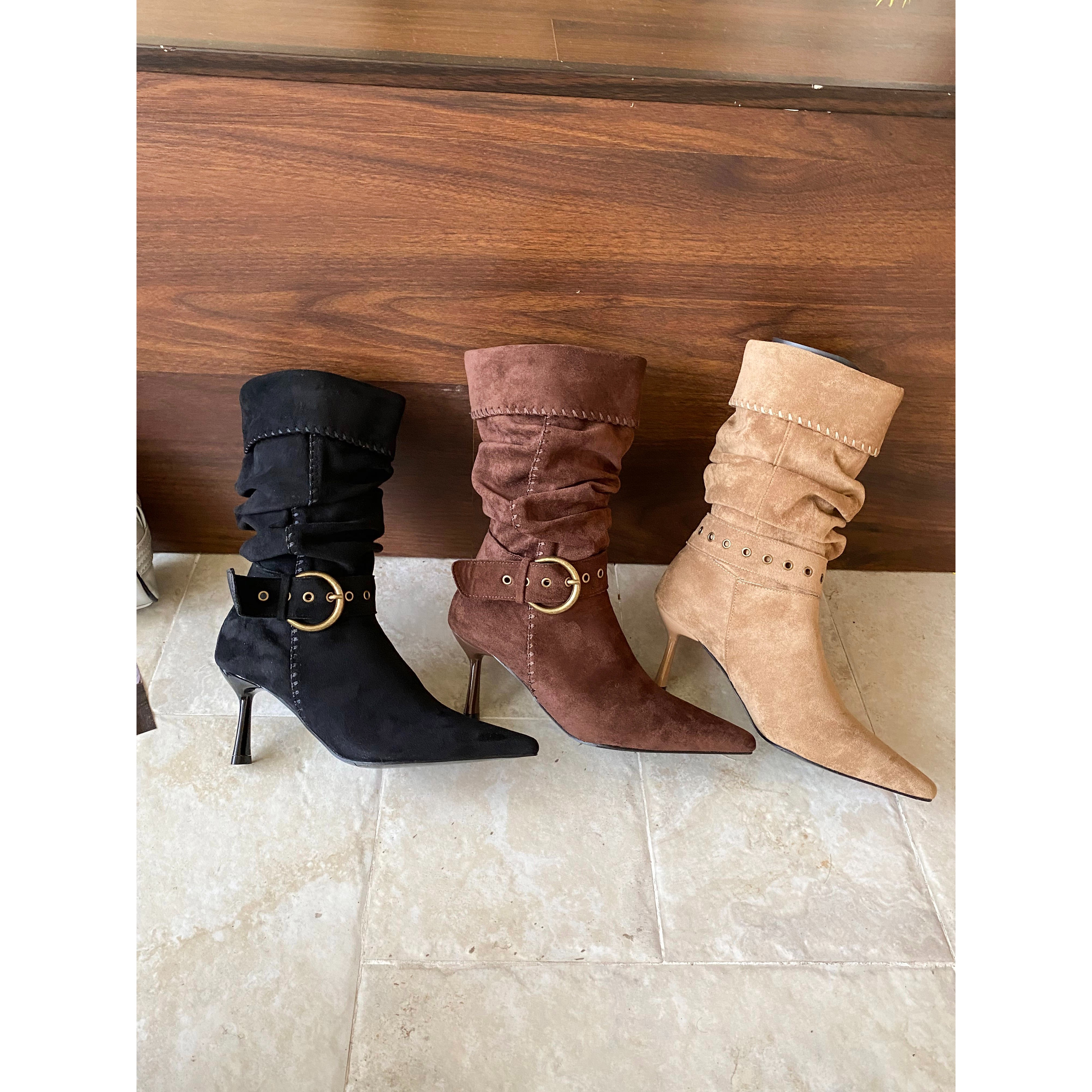 绒面尖头高跟靴堆堆靴