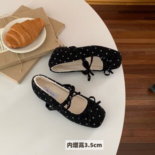 甜美风波点玛丽珍鞋女蝴蝶结浅口方头芭蕾舞鞋配裙子鞋奶奶鞋单鞋