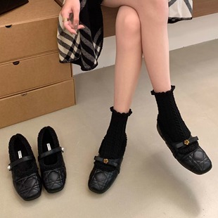 森女蝴蝶结一字带保暖软底玛丽珍鞋 菱格小香风法式 内增高加绒单鞋