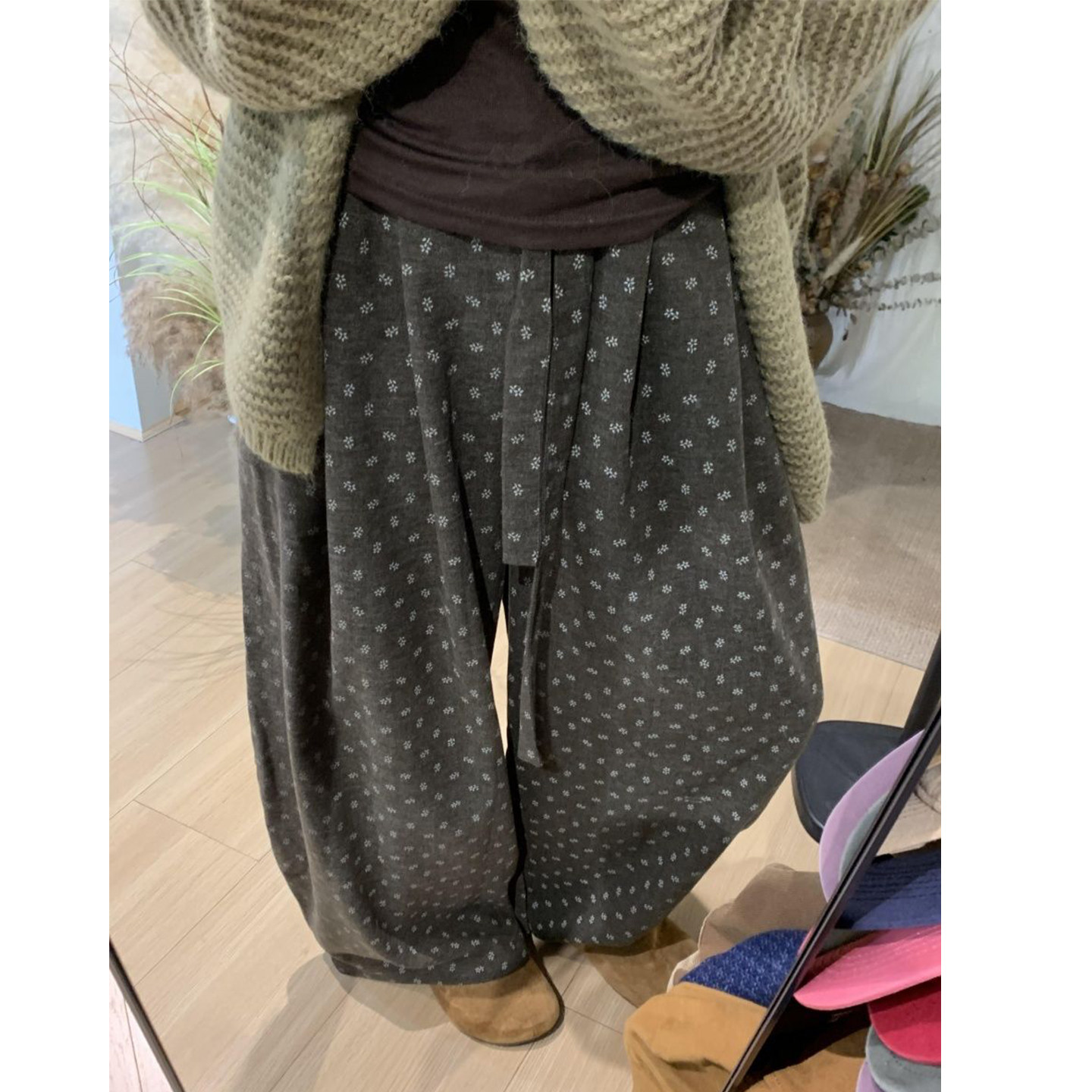 Bonheur韩式复古休闲裤女磨毛碎花新款宽松显瘦百搭通勤阔腿裤子