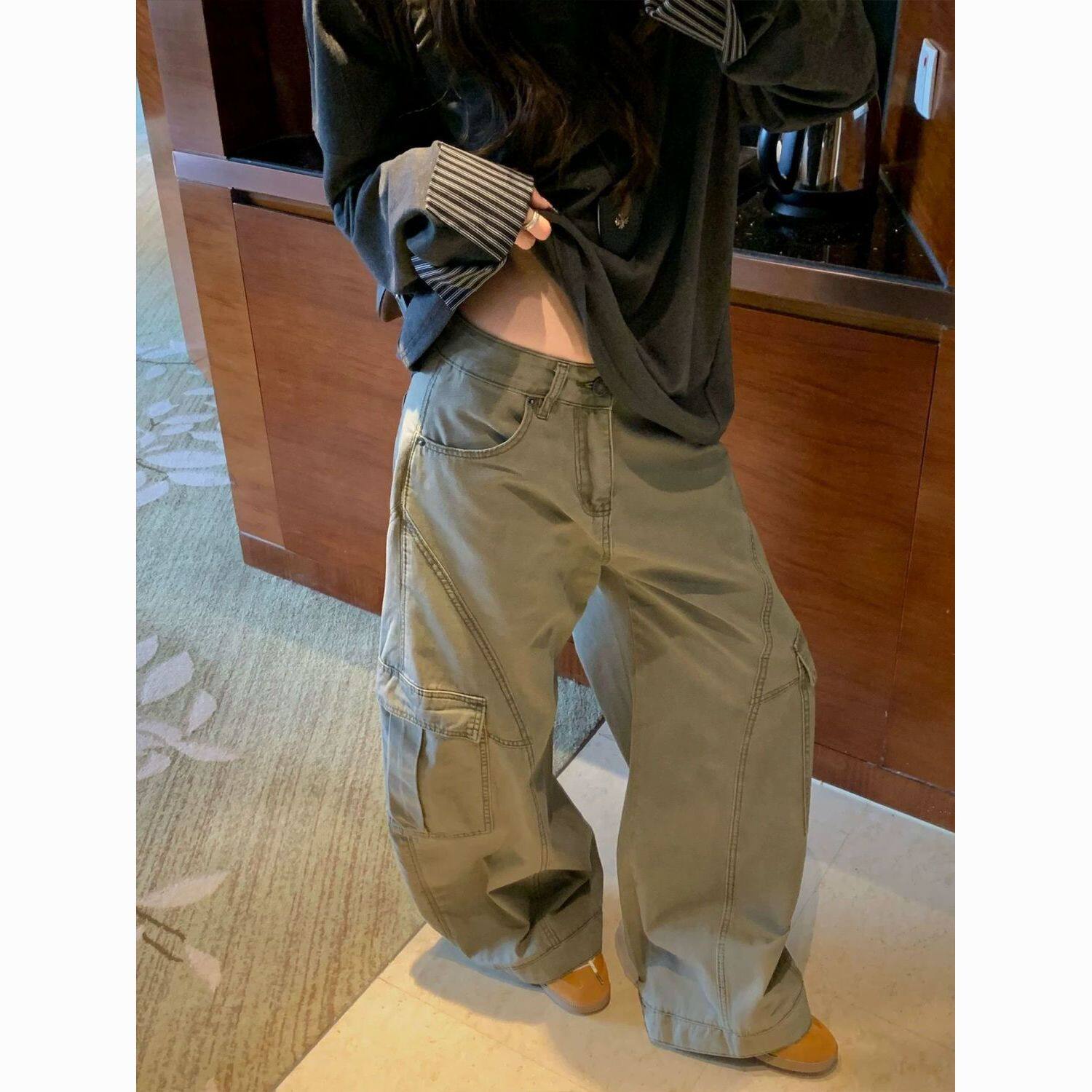 韩系复古工装裤女军绿色