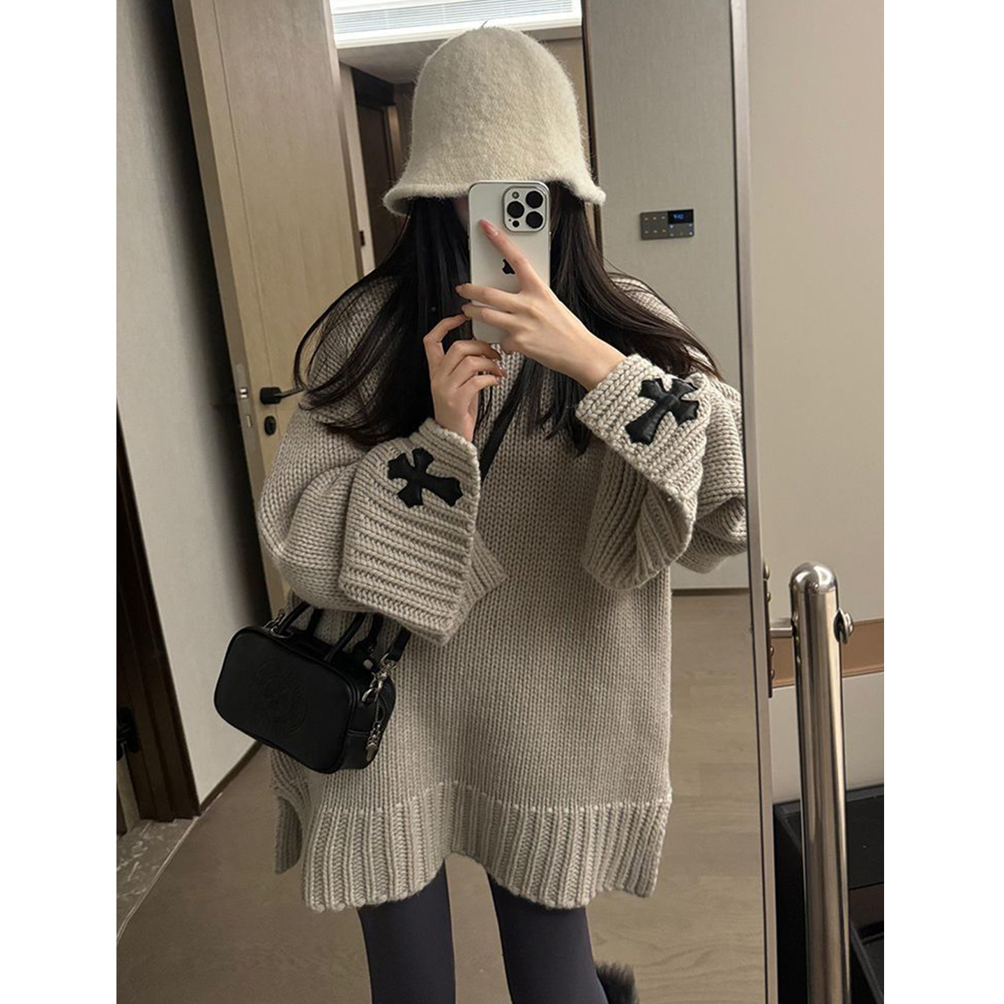 Bonheur韩系复古毛衣女慵懒设计感十字架针织衫宽松套头减龄上衣