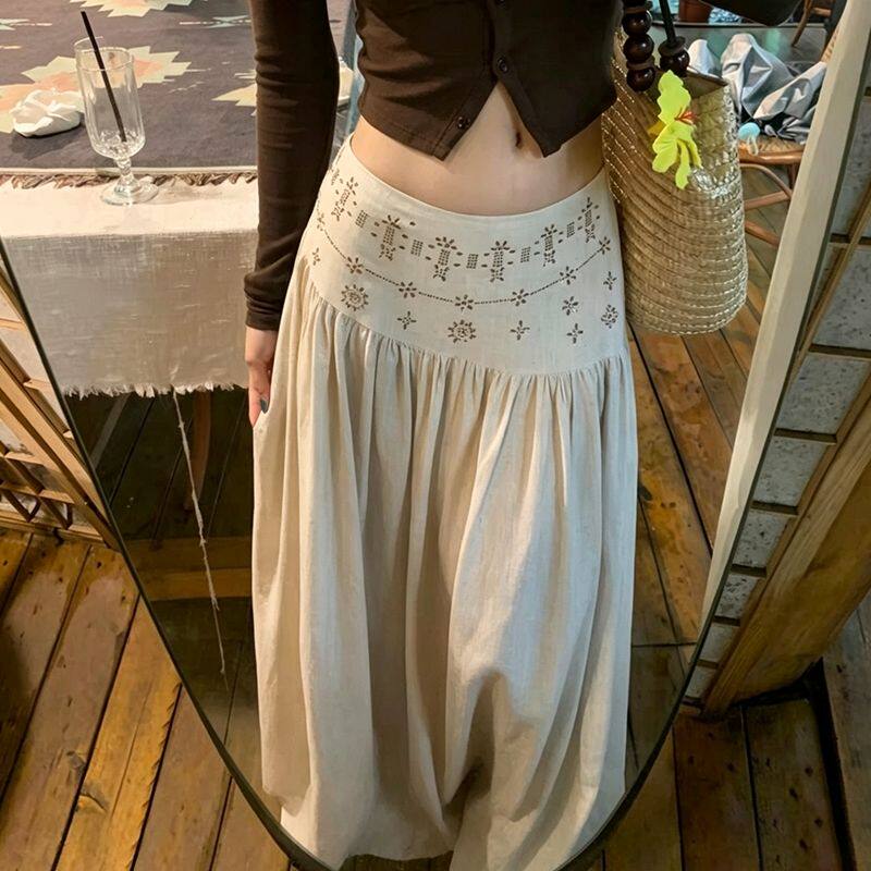 Bonheur度假重工杏色A字半身裙女夏薄款裙子假日休闲复古低腰长裙