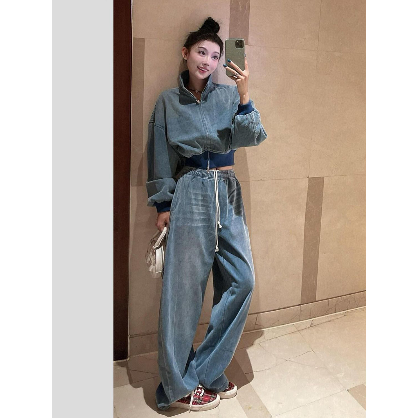 Bonheur韩系复古港风牛仔套装女清冷松弛感miu系棒球服阔腿裤两件