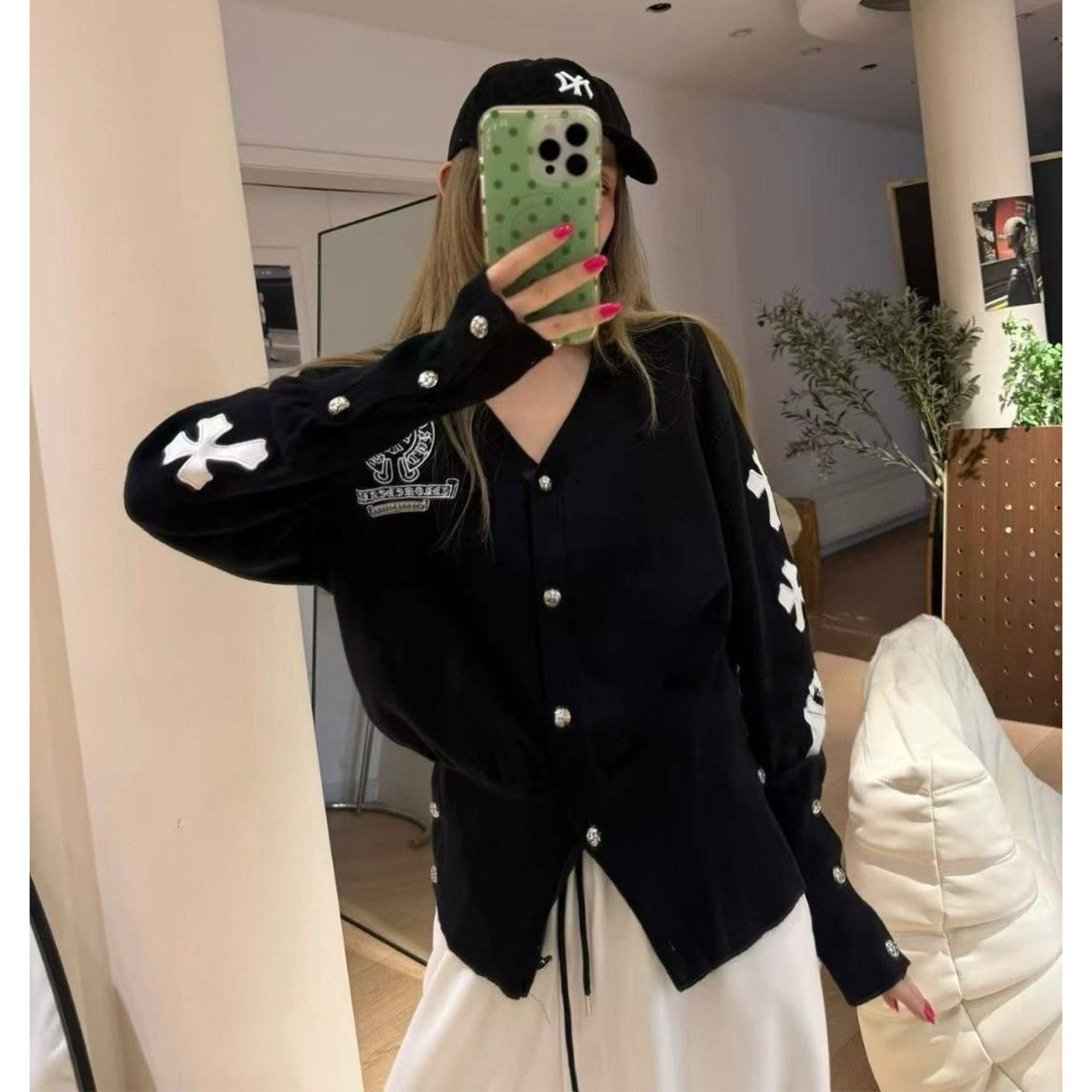 Bonheur 韩系复古毛衣外套女梵文新款十字架针织上衣通勤宽松开衫