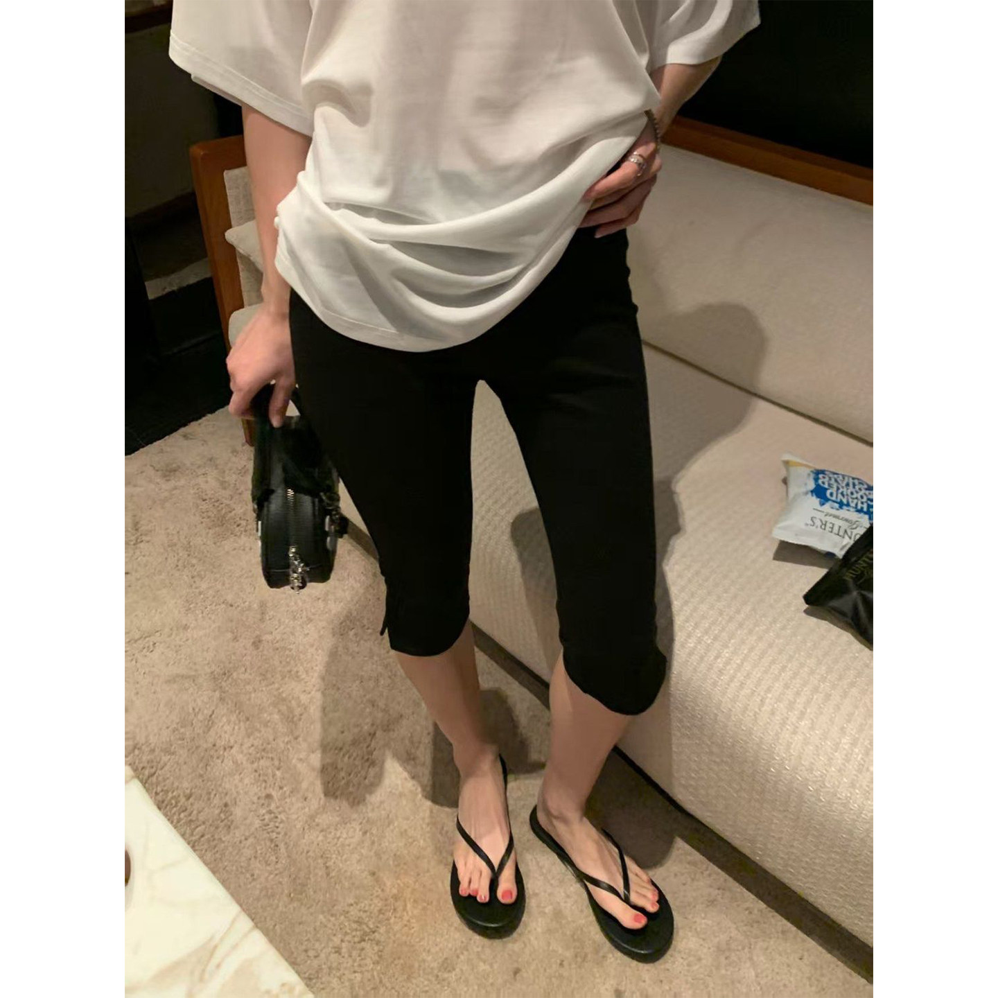 Bonheur 黑色六分裤女夏薄款弹力侧开叉瑜伽打底休闲裤卡普里裤