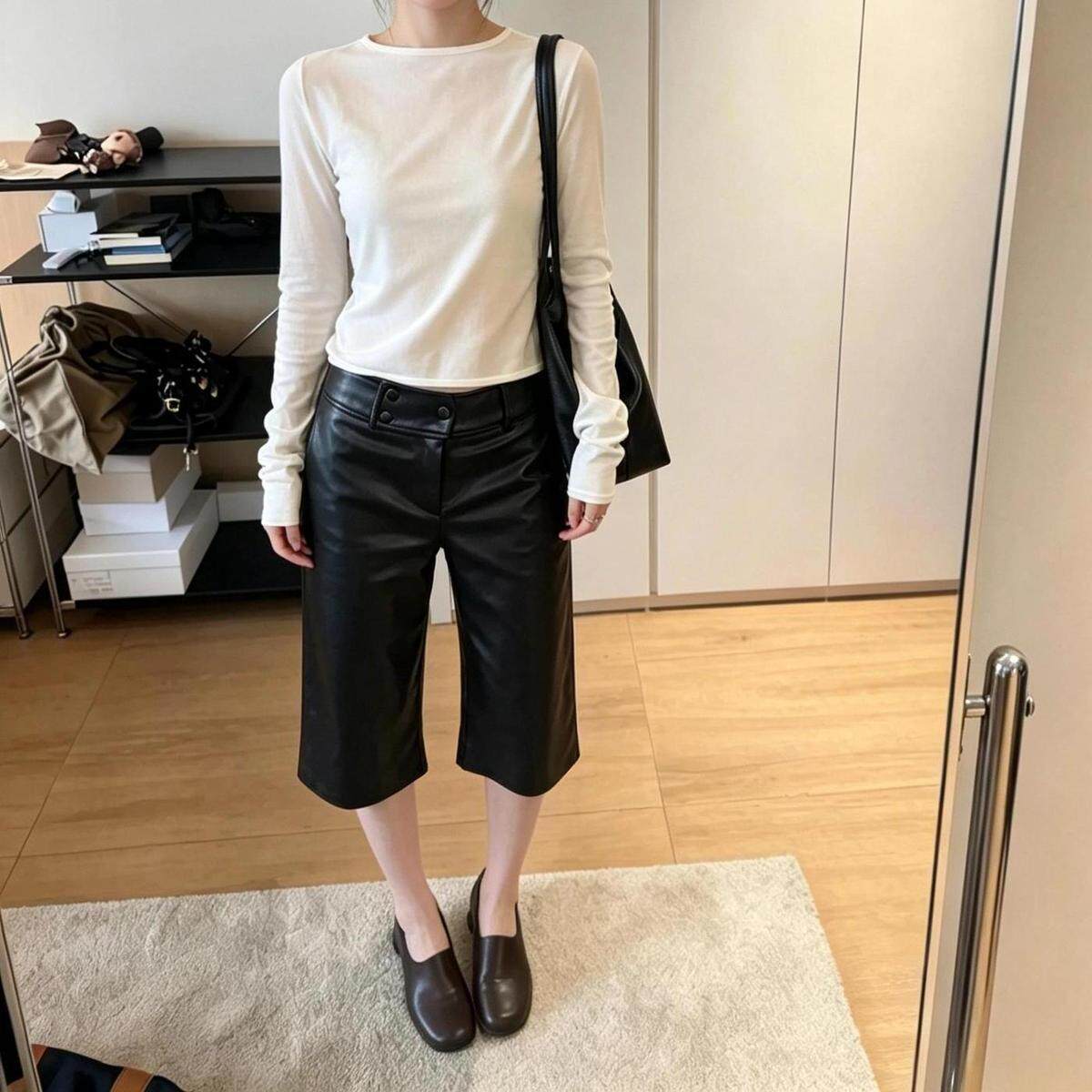 Bonheur韩系复古皮裤女黑色通勤显瘦百搭直筒气质中裤PU皮七分裤