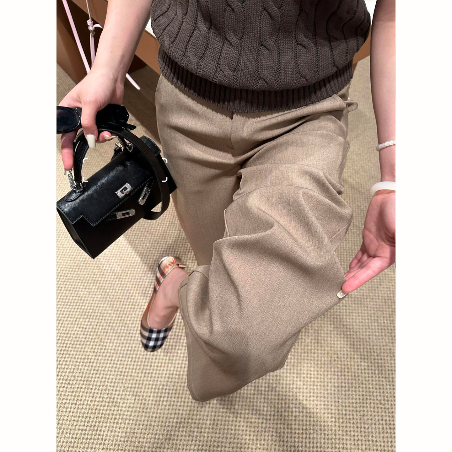 Bonheur韩系复古西装裤女老钱风卡其色休闲裤高腰显瘦直筒拖地裤