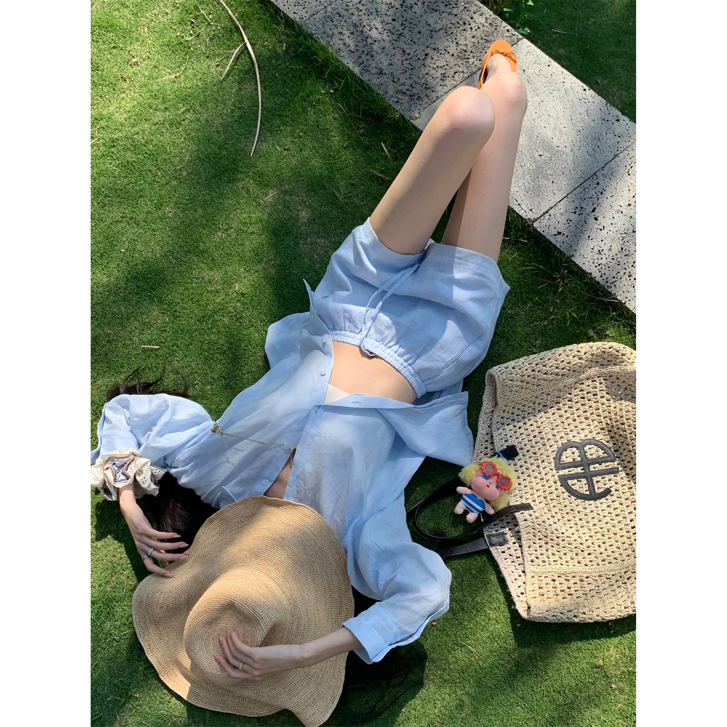 Bonheur 韩系棉麻薄款衬衣套装女夏防晒衣短裤两件套休闲减龄外套