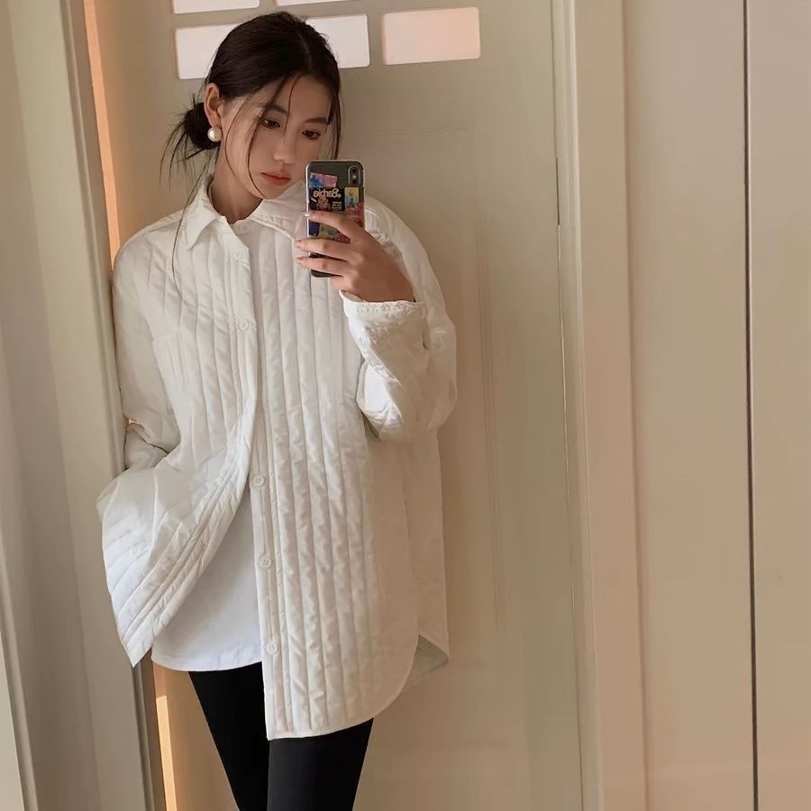 Bonheur 韩系复古衬衫外套女宽松绗棉夹棉衬衣廓形休闲轻薄棉服