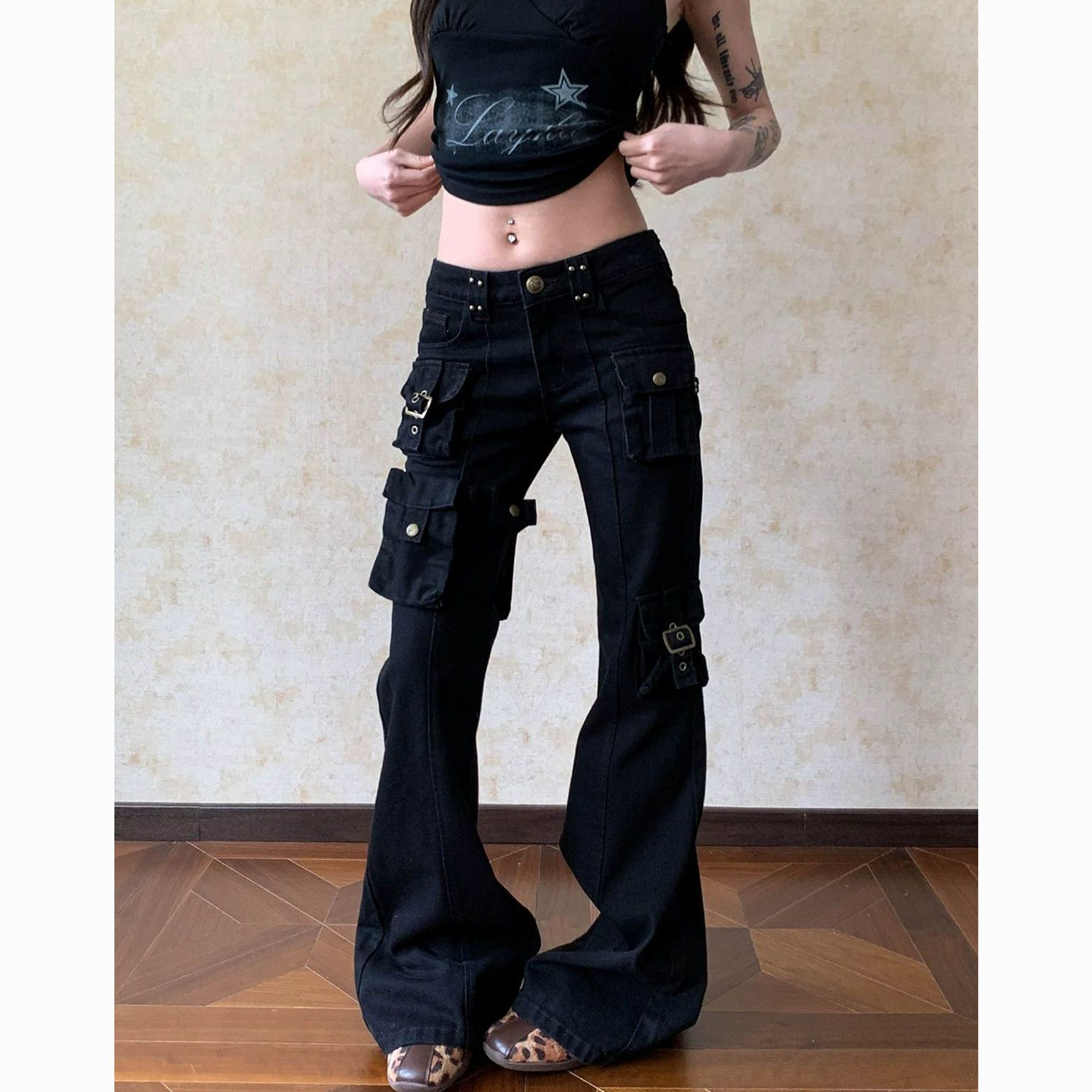 Bonheur韩系复古黑色工装裤女辣妹低腰多口袋微喇修身显瘦休闲裤