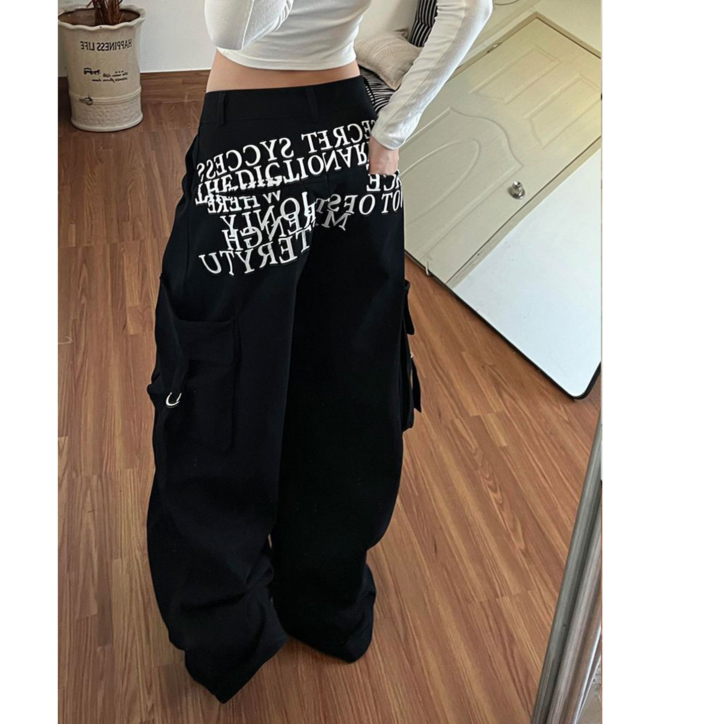 Bonheur韩系复古工装裤女宽松bf慵懒辣妹小众字母印花拖地阔腿裤