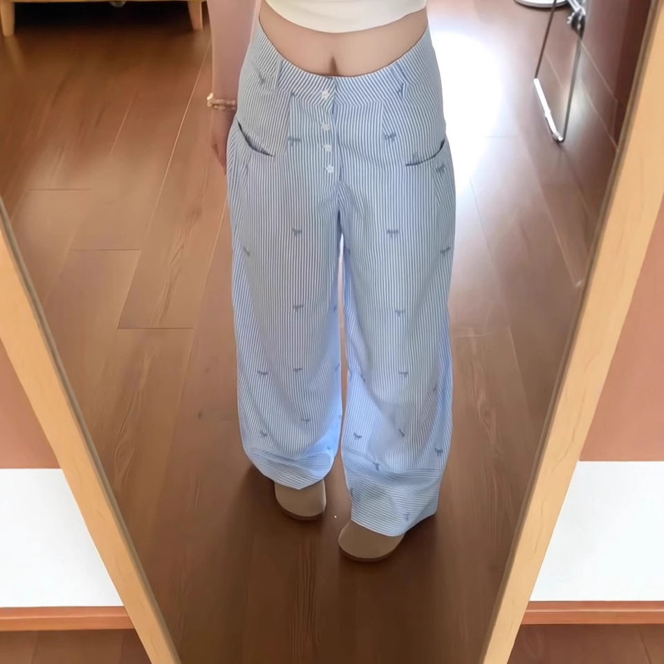 Bonheur蓝色条纹阔腿裤女