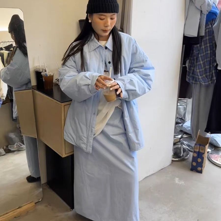 Bonheur 韩系复古衬衫外套女衬衣棉服外套高腰夹棉半身裙两件套装