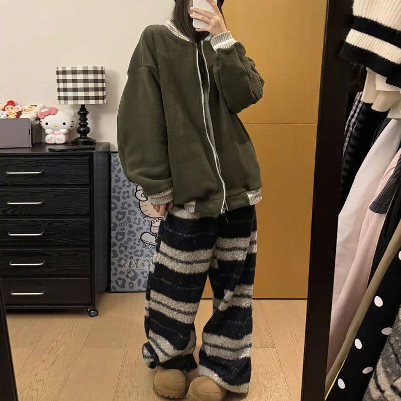 Bonheur韩系复古棉裤女条纹裤摇粒绒阔腿休闲裤慵懒宽松加绒长裤