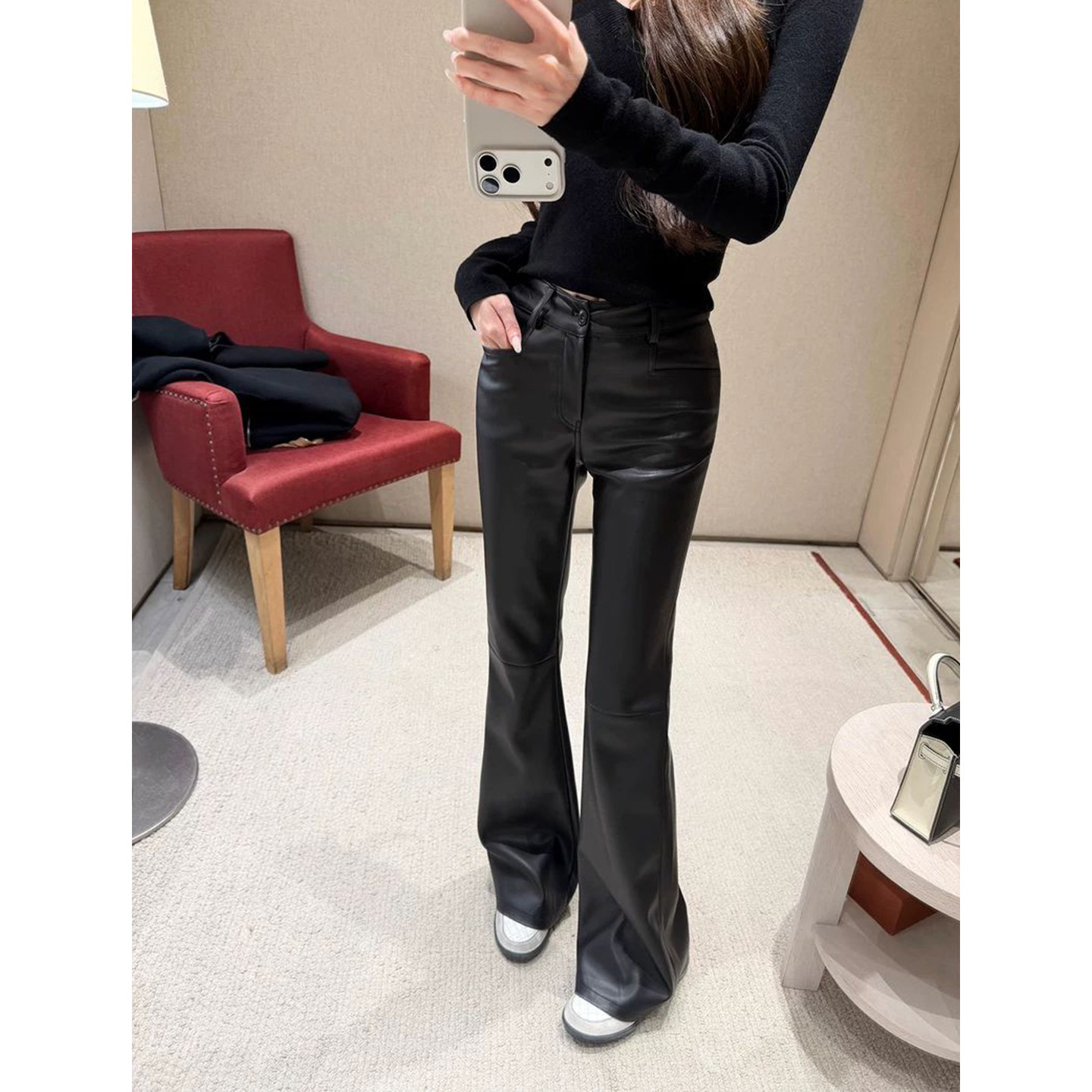 Bonheur韩系复古皮裤女黑色微喇修身显瘦PU皮长裤休闲通勤直筒裤