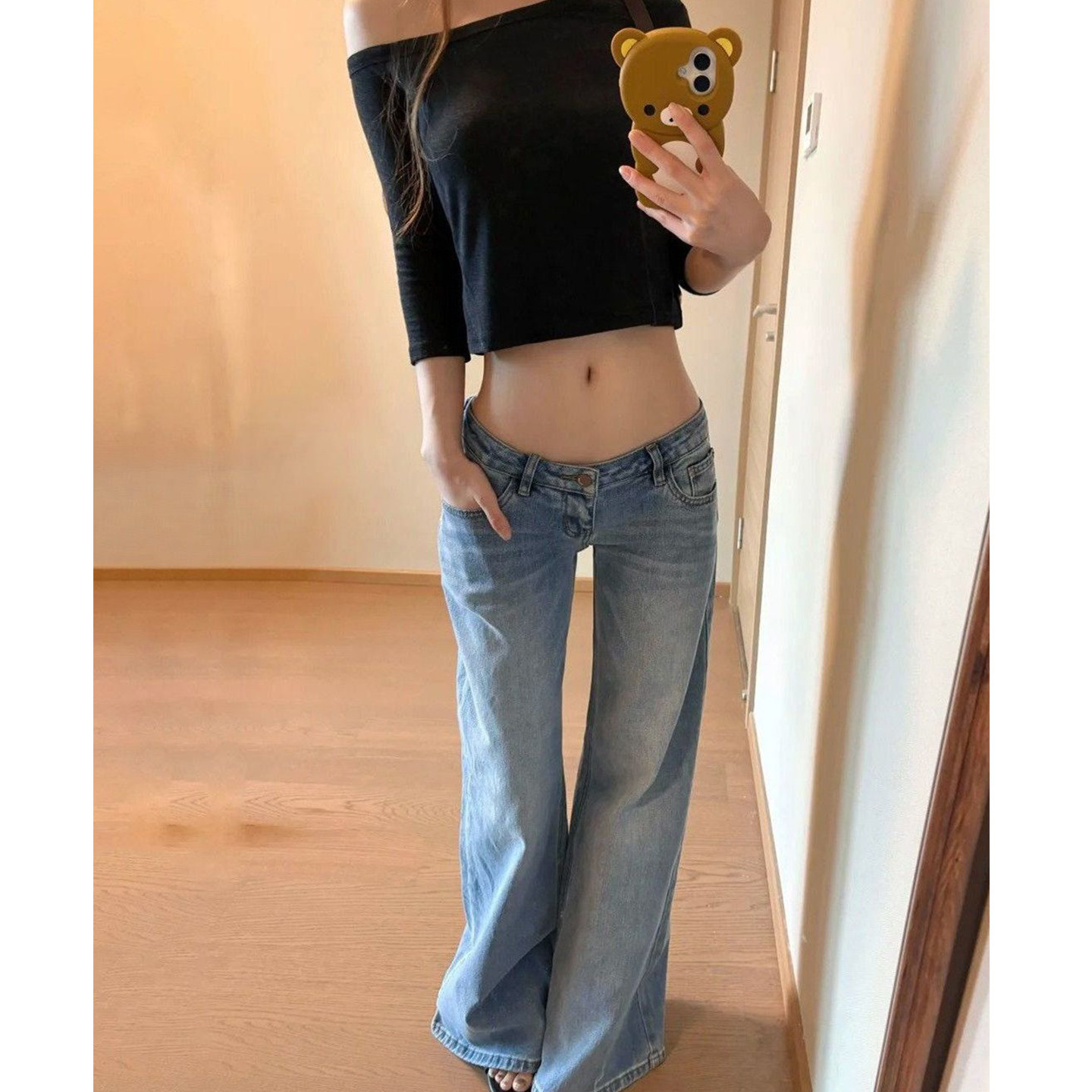 Bonheur韩系复古牛仔裤女低腰阔腿新款宽松显瘦百搭拖地直筒长裤