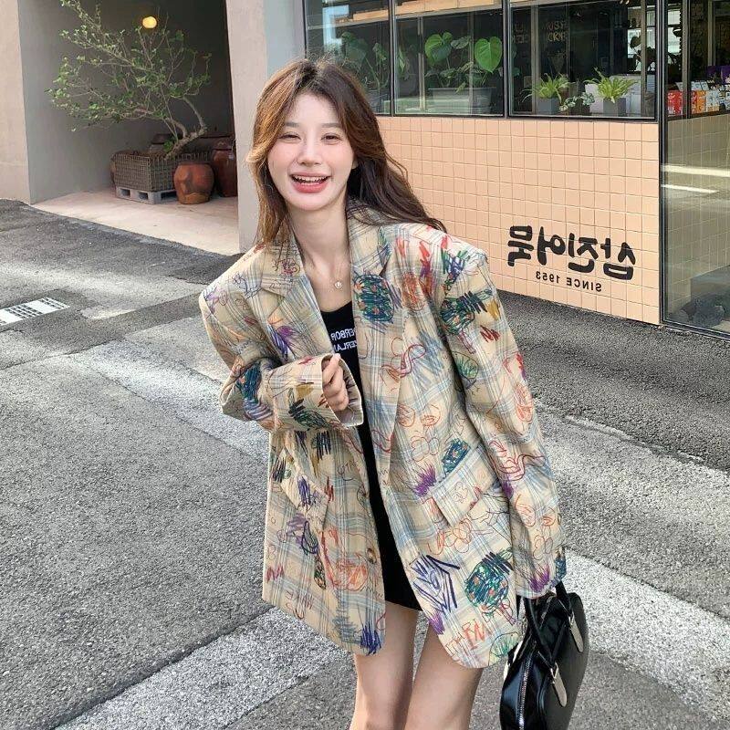 Bonheur 韩系复古涂鸦印花小西装外套女春秋新款休闲宽松百搭西服