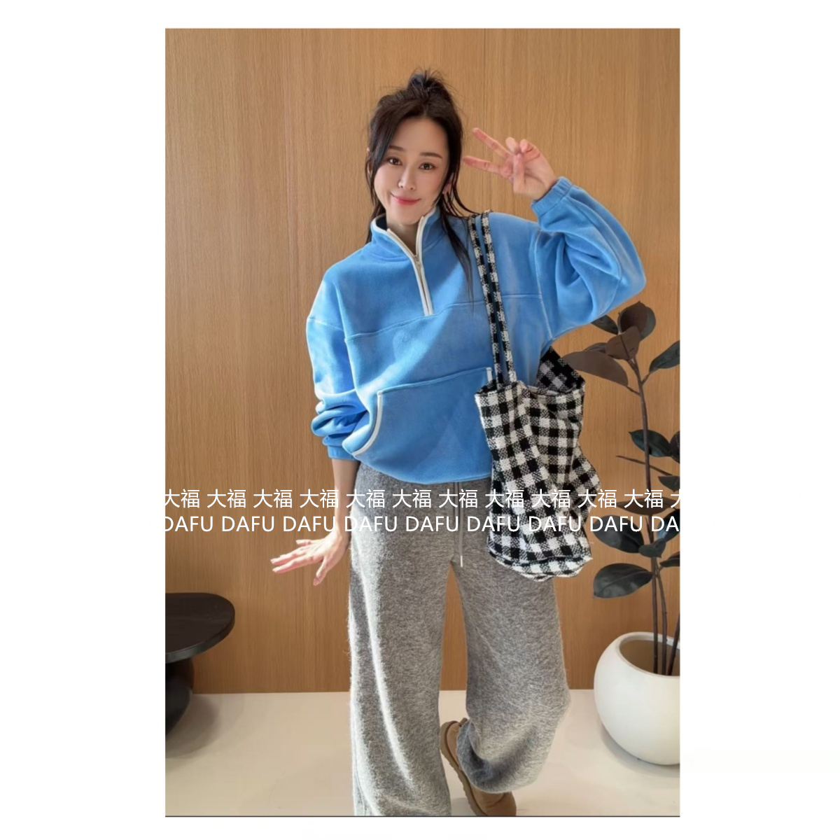 [大福Dafu]-元气活力！立领半拉链大口袋卫衣女宽松套头休闲上衣