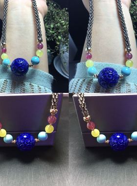 天然青金石回纹珠原矿碧玺锁骨链