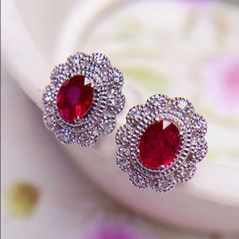 天然无烧红宝石耳钉女18K金镶嵌