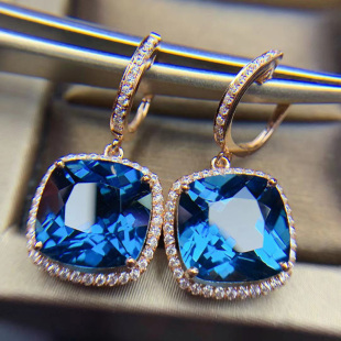 天然伦敦蓝托帕石耳钉耳饰18K金镶嵌宝石耳坠女款 钻石耳环可定制
