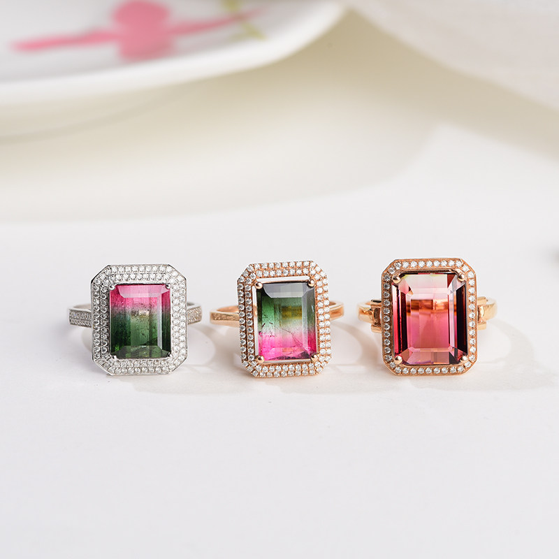 西瓜红绿碧玺戒指女设计小众18k玫瑰金镶嵌新款潮流定制轻奢礼物