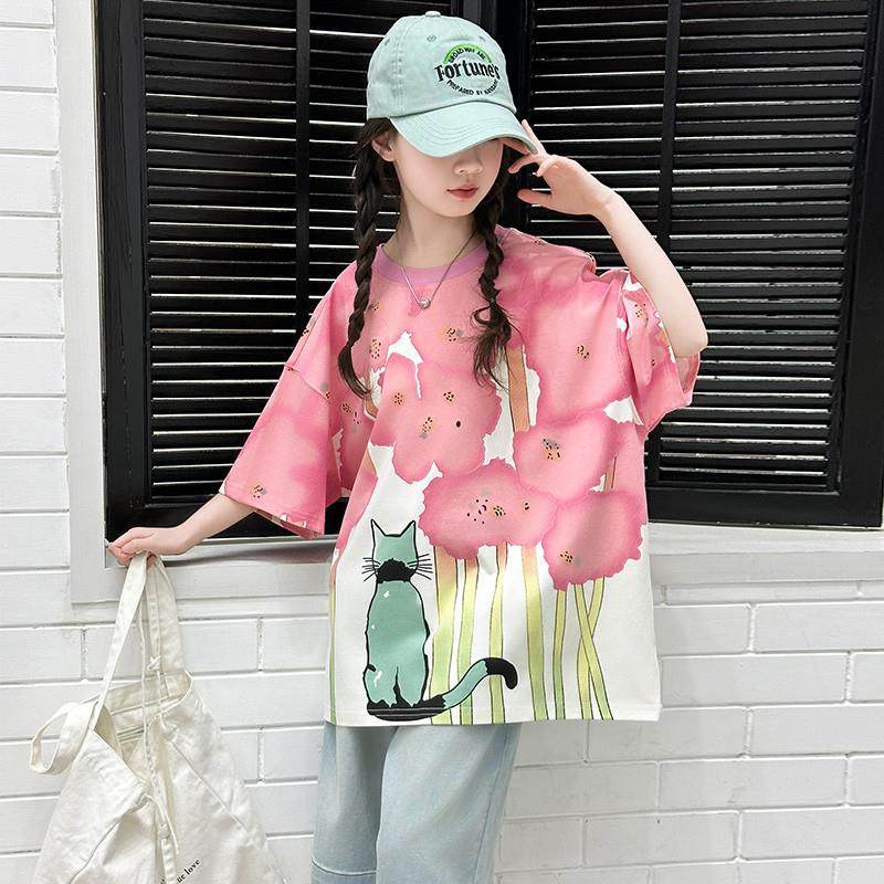 女大童夏季短袖2025新款初中生女生半袖个性印花T恤牛仔裤套装