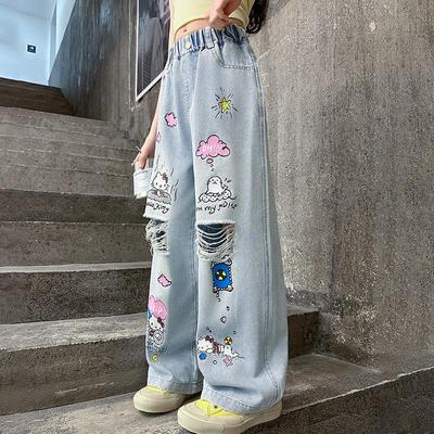 女大童夏装薄款kt猫牛仔裤2025新款女孩helloKitty凯蒂猫破洞裤子