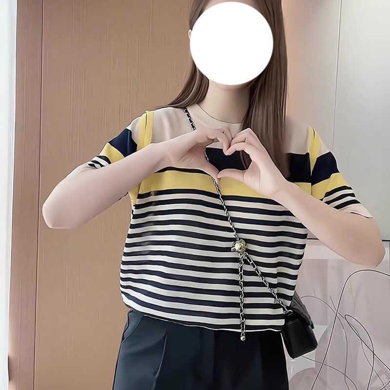 时尚正肩条纹短袖T恤女2025新款夏季大码胖mm遮肚子宽松小众上衣