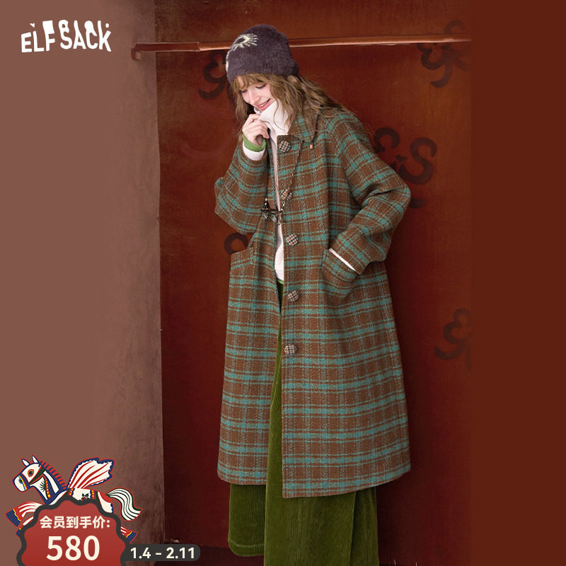 妖精的口袋复古格纹中长款毛呢外套女2025冬新款小个子学院风大衣