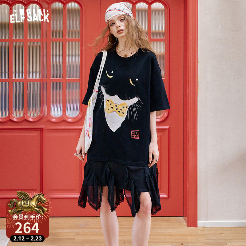 妖精的口袋大猫咪印花假两件拼接连衣裙女2025年夏季新款休闲裙子