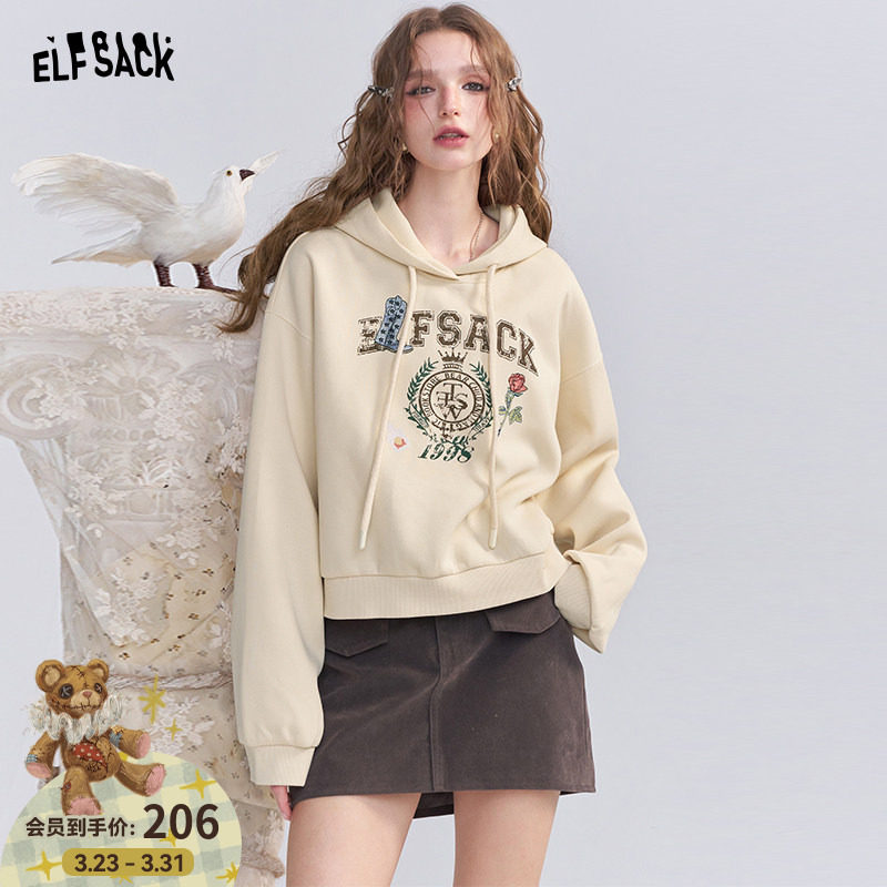 妖精的口袋连帽印花卫衣女2026早春穿搭新款设计感小个子短款上衣