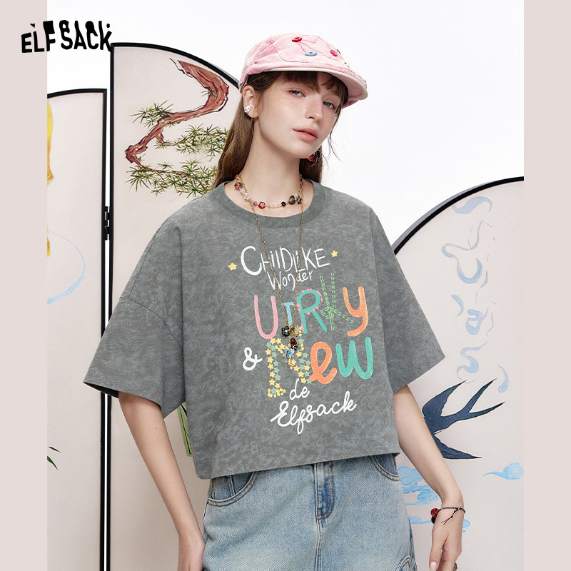 妖精的口袋原创印花圆领短袖T恤2025年夏新休闲风宽松显瘦上衣女