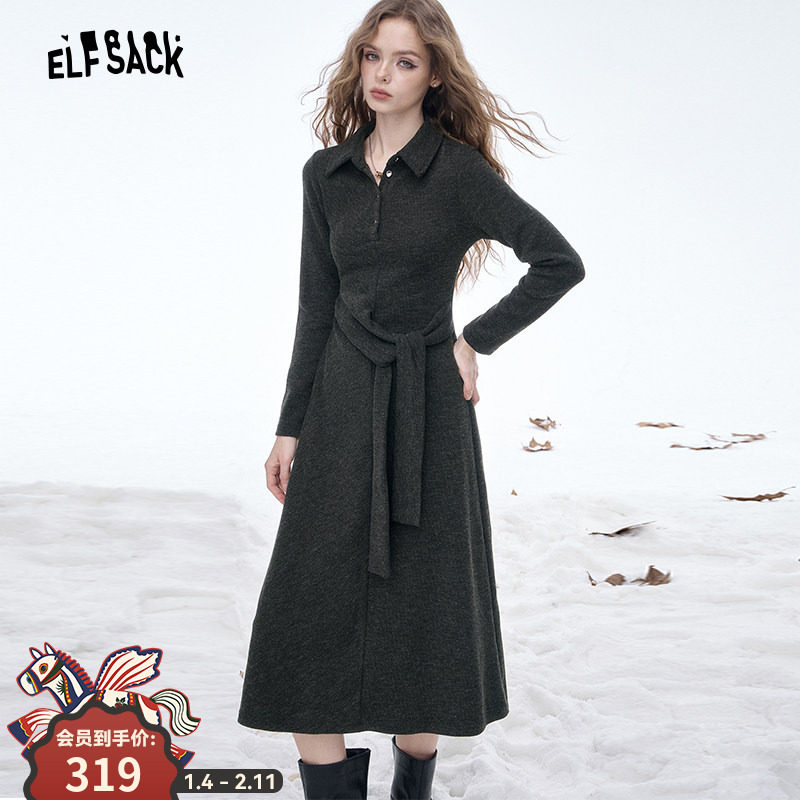 妖精的口袋衬衫领灰色针织连衣裙女2025冬季新款a字修身新年穿搭