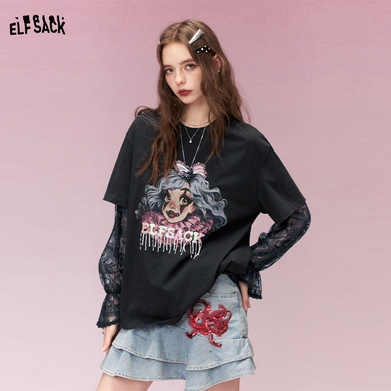 妖精的口袋蕾丝拼接黑色印花长袖t恤女2026春新款设计感宽松上衣