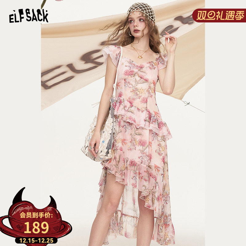 妖精的口袋小飞袖不规则碎花连衣裙女2025夏新款收腰气质度假裙子