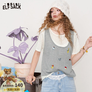 女2026年春夏新款 针织衫 设计感上衣 口袋假两件动物刺绣短袖 妖精