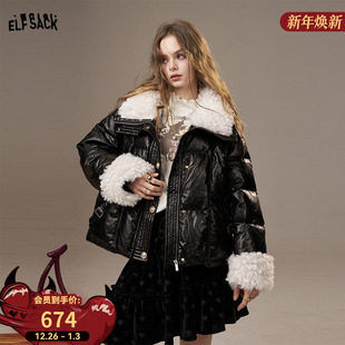 新款 羽绒服女2025年冬季 甜酷厚外套 口袋羊羔毛黑色亮面短款 妖精