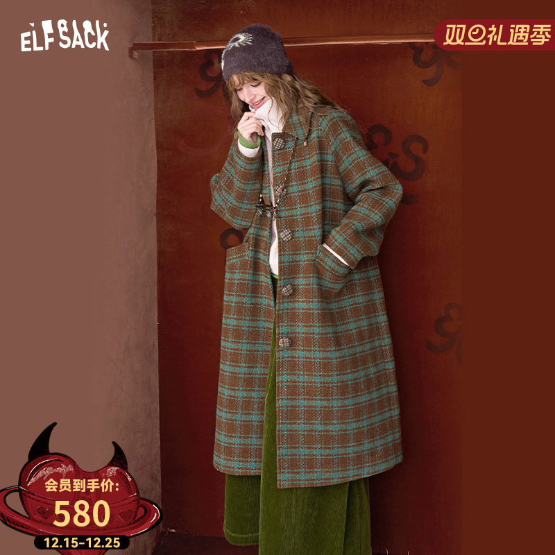 妖精的口袋复古格纹中长款毛呢外套女2025冬新款小个子学院风大衣