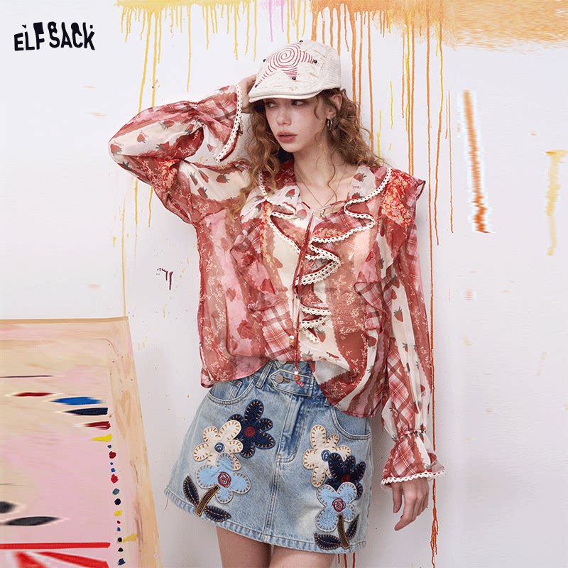 妖精的口袋满印格纹蕾丝拼接雪纺衫女2026年夏季新款法式绝美上衣