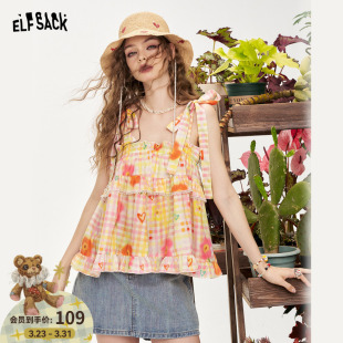 新款 妖精 女2026年夏季 衬衫 甜美气质吊带背心 口袋多巴胺系带无袖