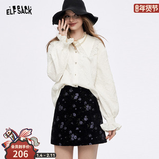 妖精的口袋娃娃领蕾丝拼接甜美衬衫女2025年冬季新款白色内搭衬衣