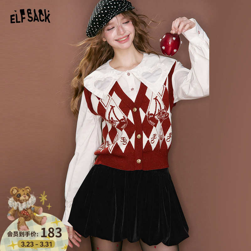 妖精的口袋格纹提花针织马甲女2026年冬新款外搭叠穿小众红色上衣