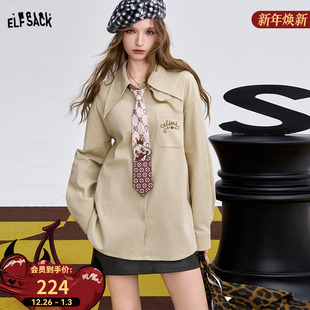 女2025冬新款 口袋原创刺绣灯芯绒衬衫 妖精 学院风衬衣 送领带