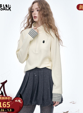 妖精的口袋Polo领袖口条纹撞色长袖t恤女2025冬新款宽松休闲上衣