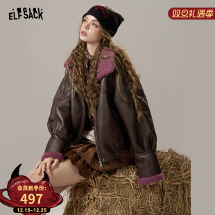 撞色外套圣诞穿搭 新款 妖精 口袋复古夹克毛绒棉服皮衣女2025冬季