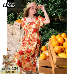 泡泡袖 方领碎花连衣裙女2026年夏新款 收腰度假裙子 口袋法式 妖精